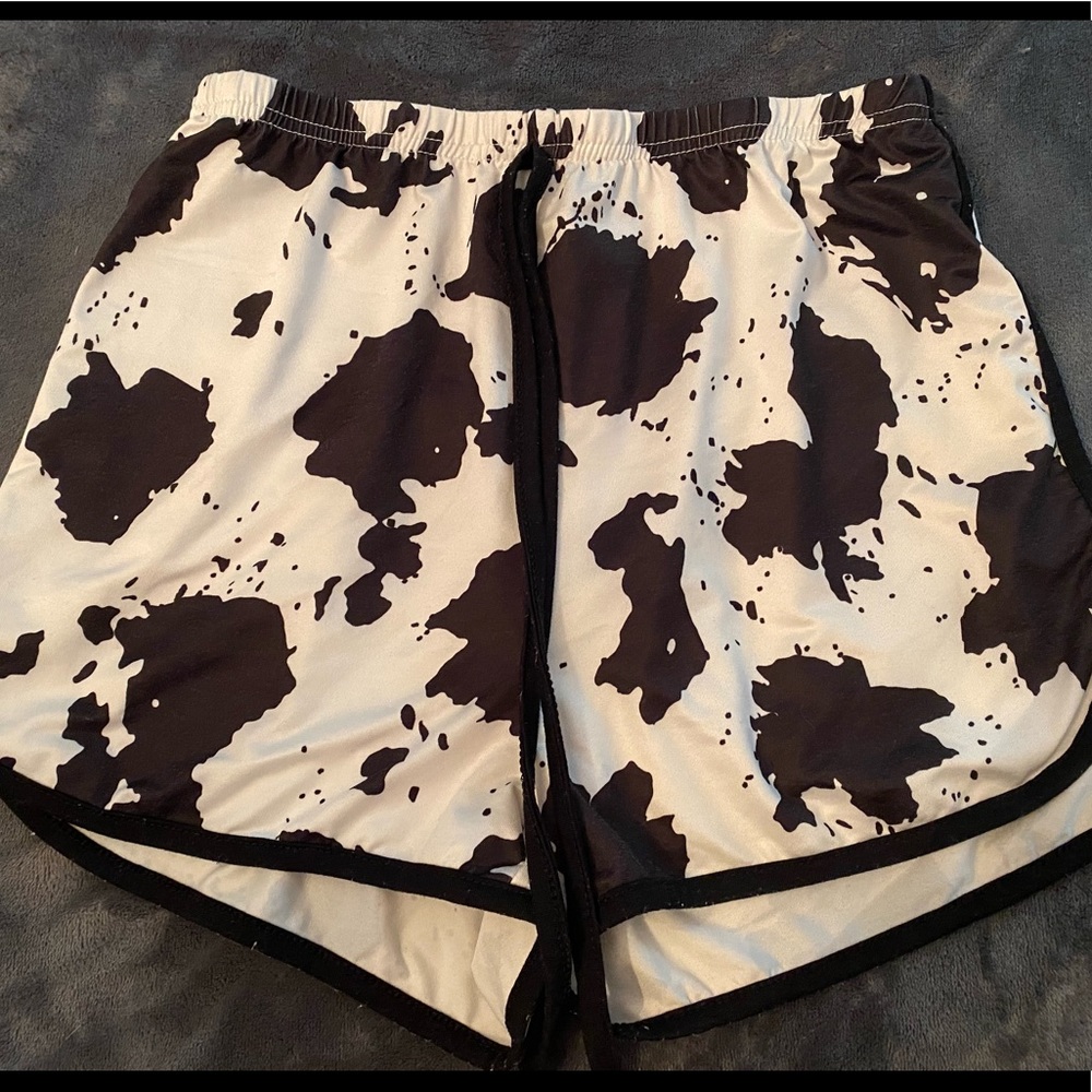 Cow print shorts.